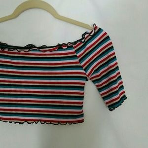 Love J | ribbed striped off-shoulder crop top